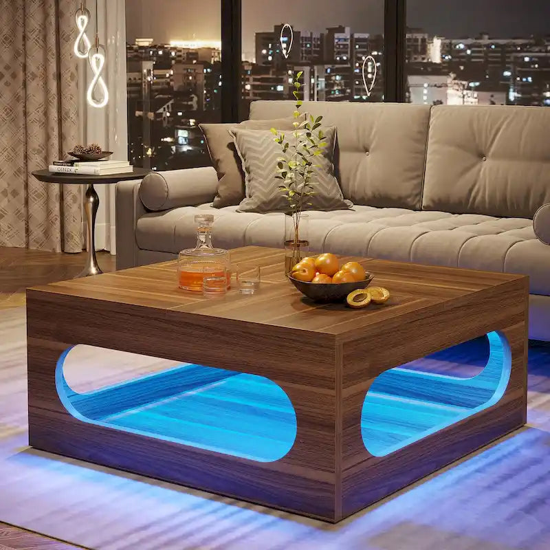 Tavolino da caffè quadrato da 43 pollici con luce LED, tavolino da salotto a 2 livelli in legno con contenitore per soggiorno, ufficio domestico