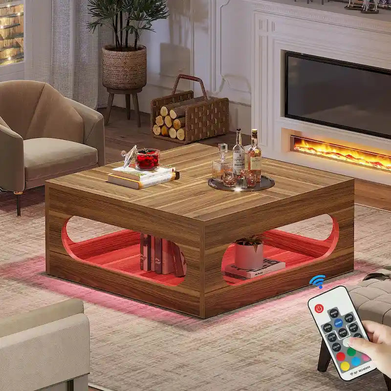 Tavolino da caffè quadrato da 43 pollici con luce LED, tavolino da salotto a 2 livelli in legno con contenitore per soggiorno, ufficio domestico