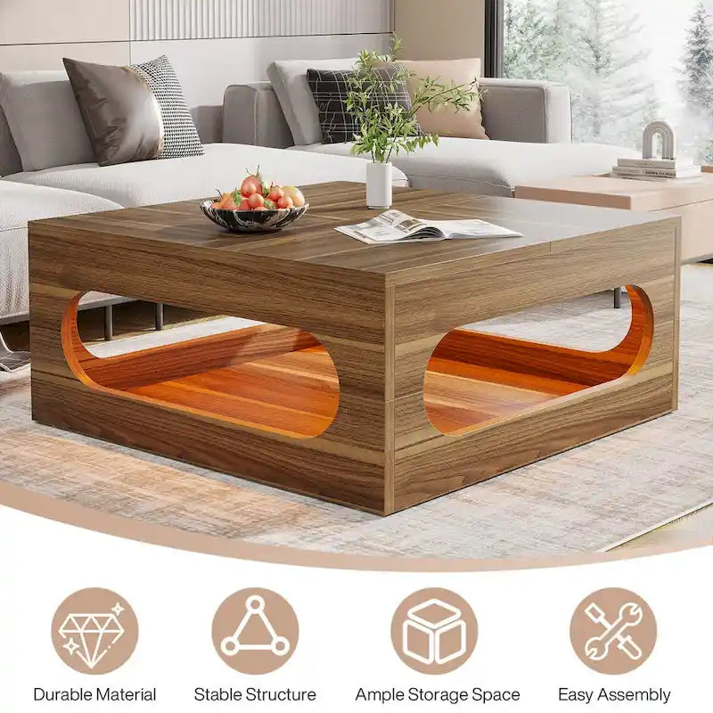43-Inch Squre Coffee Table with LED Light, 2-tier Wood Cocktail Center Table with Storage for Living Room, Home Office