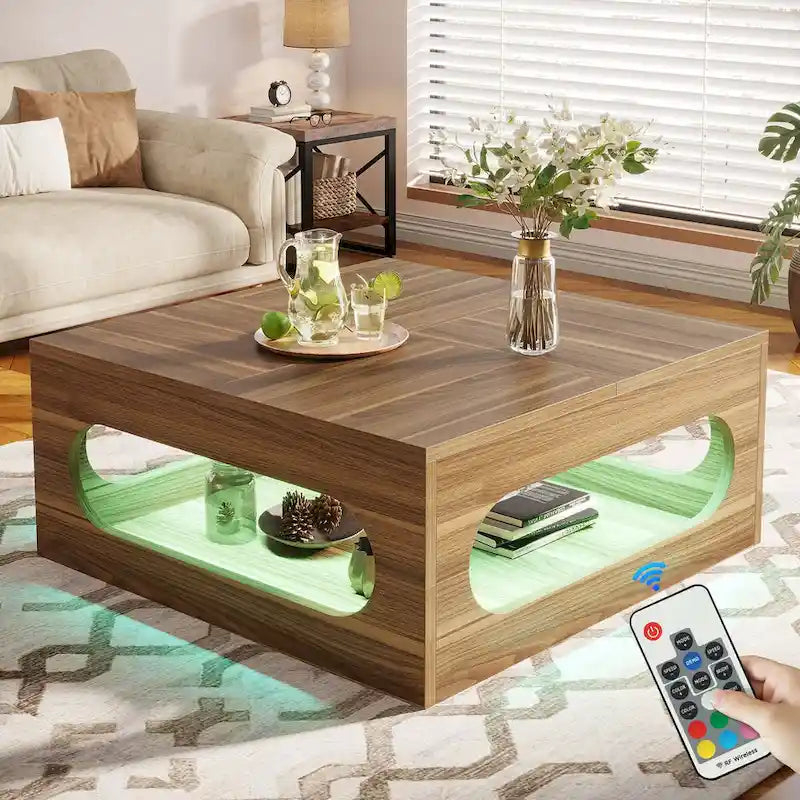 Tavolino da caffè quadrato da 43 pollici con luce LED, tavolino da salotto a 2 livelli in legno con contenitore per soggiorno, ufficio domestico