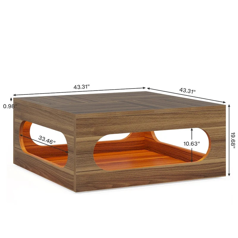 Tavolino da caffè quadrato da 43 pollici con luce LED, tavolino da salotto a 2 livelli in legno con contenitore per soggiorno, ufficio domestico