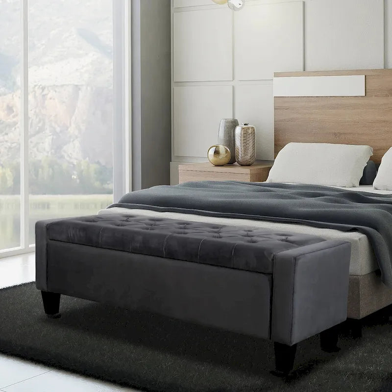 Velvet Button Tufted Flip Top Storage Bench