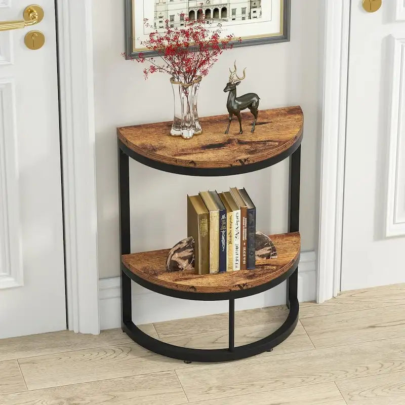 2-Tier Half Round End Table with Storage for Sofa, Living Room