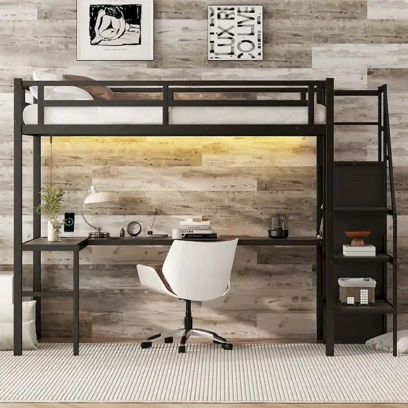 Letto a soppalco in metallo con scrivania a L e USB