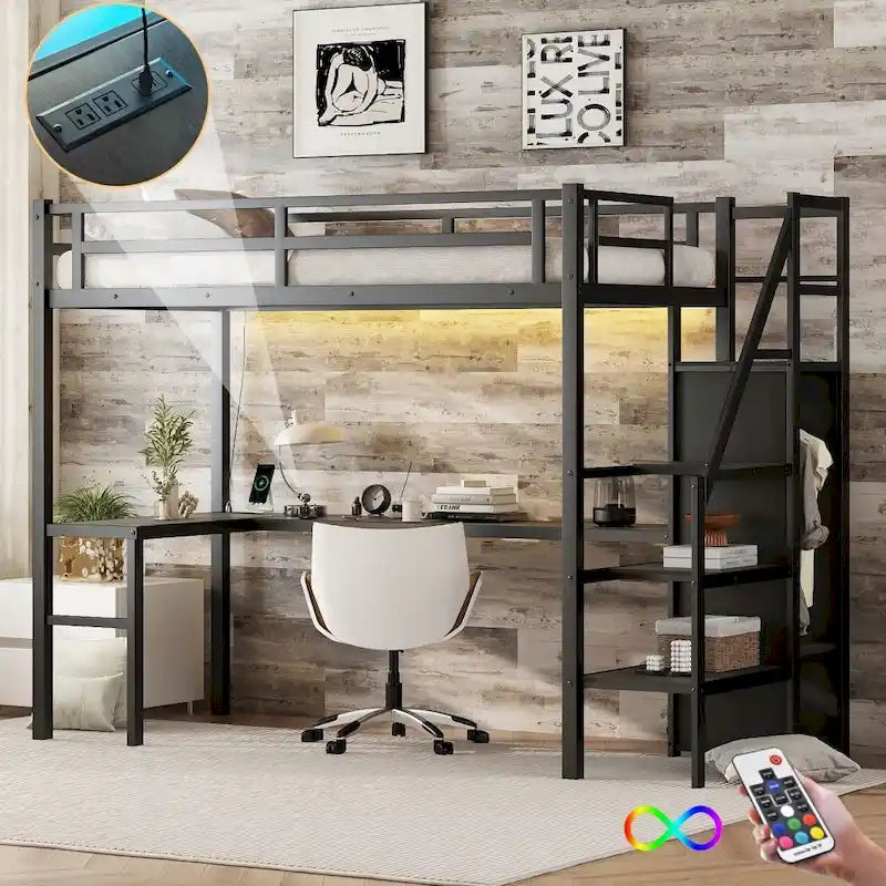 Letto a soppalco in metallo con scrivania a L e USB