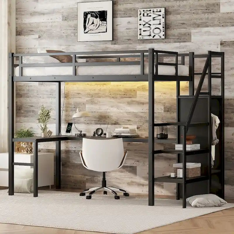 Letto a soppalco in metallo con scrivania a L e USB