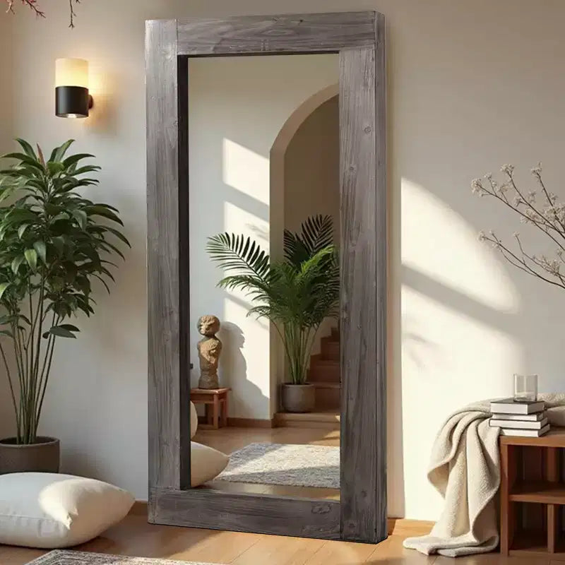 Specchio a figura intera rettangolare ad angolo retto da 71 x 31 pollici in legno massello marrone effetto usato (senza staffa)