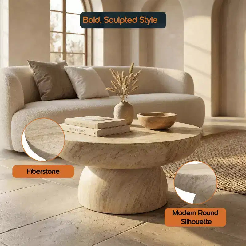 Tavolino rotondo con base a piedistallo in fibra di pietra, tavolino decorativo scolpito per interni ed esterni con piedini antiscivolo