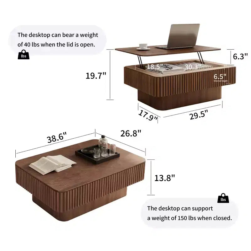 Mesa de centro JVNOXK com tampo elevatório canelado de 38.6', com arrumação, folheado de madeira maciça, altura ajustável, mesa de destaque moderna para sala de estar ou quarto, nogueira
