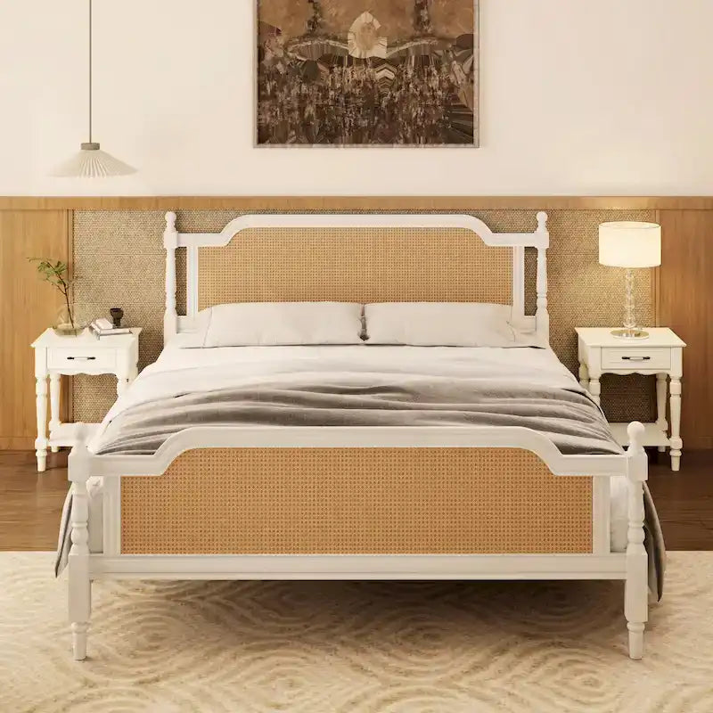 Traditional Style Rattan Queen Size Bed Frame,No Box Spring Needed