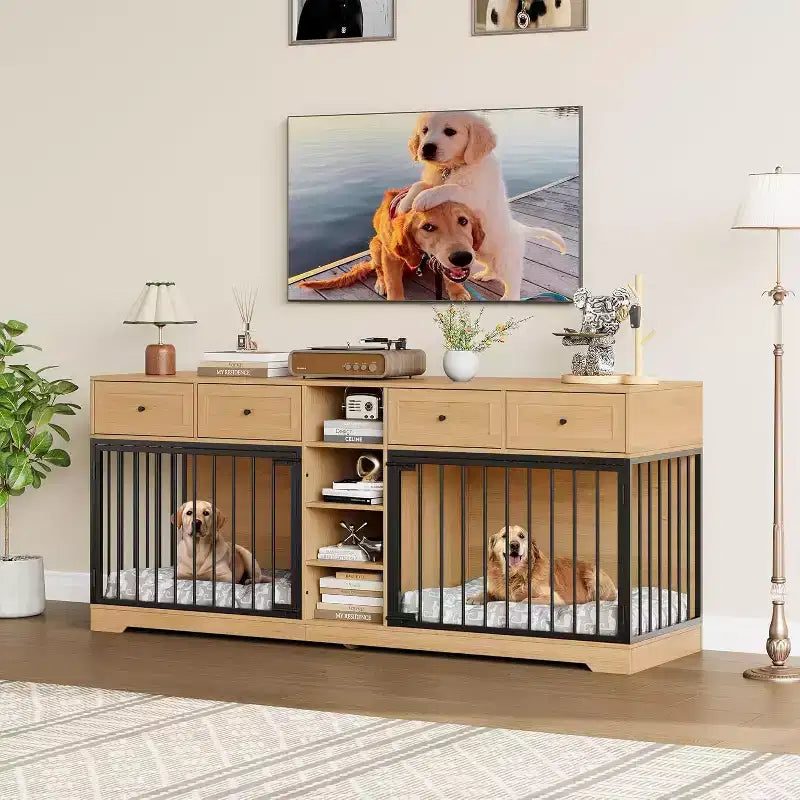 82 Casota de mobiliário para dois cães, canil grande para interior, casota de madeira resistente para 2 cães com suporte para TV, 4 gavetas e prateleiras