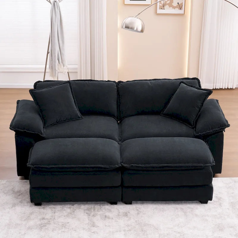Canapé 2 places avec 2 coussins, 2 oreillers et 2 poufs, canapé confortable – canapé profond modulable pour le salon