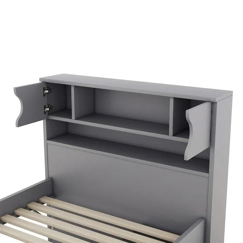Cama de plataforma tipo capitão Twin/Full com 4 gavetas e prateleiras de arrumação, estrutura de cama em madeira maciça com cabeceira-estante para arrumação