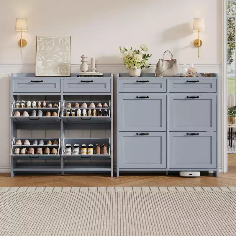 Schuhschrank mit 4 Klappschubladen und 2 oberen Schubladen, hölzerner Schuhorganizer-Schrank mit verstellbarem Regal, freistehende Schuhaufbewahrungsschränke