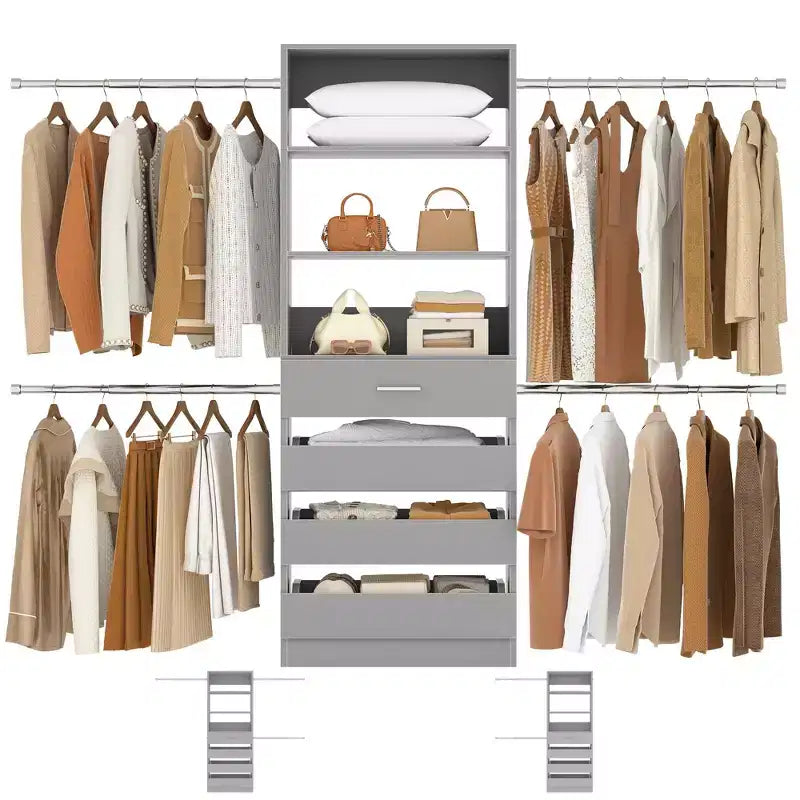 Sistema organizador de roupeiro em madeira Besiost de 4-9 pés, com 4 gavetas, 4 varões para roupa e torres de prateleiras