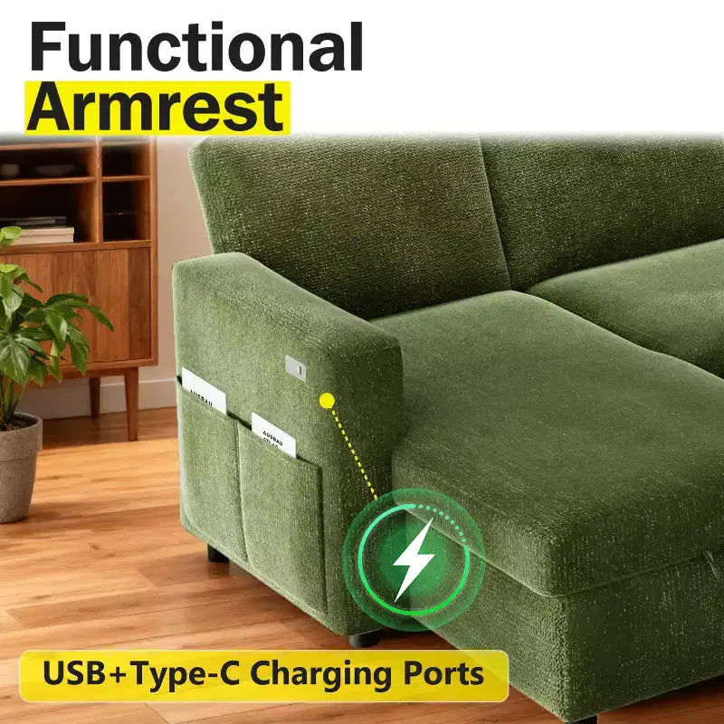 Dyonery 81-Sitzer-Schlafsofa, L-förmiges Ausziehsofa mit wendbarer Recamiere mit Stauraum, USB-Anschluss und verstellbarer Rückenlehne
