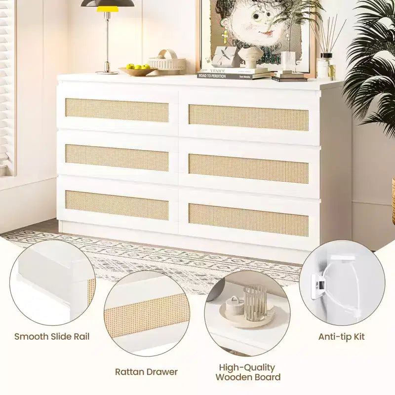 Cómoda de rattan para quarto com 6 gavetas, cómoda larga de estilo quinta moderno de 47, armário organizador de arrumação em madeira para closet, sala de estar e corredor