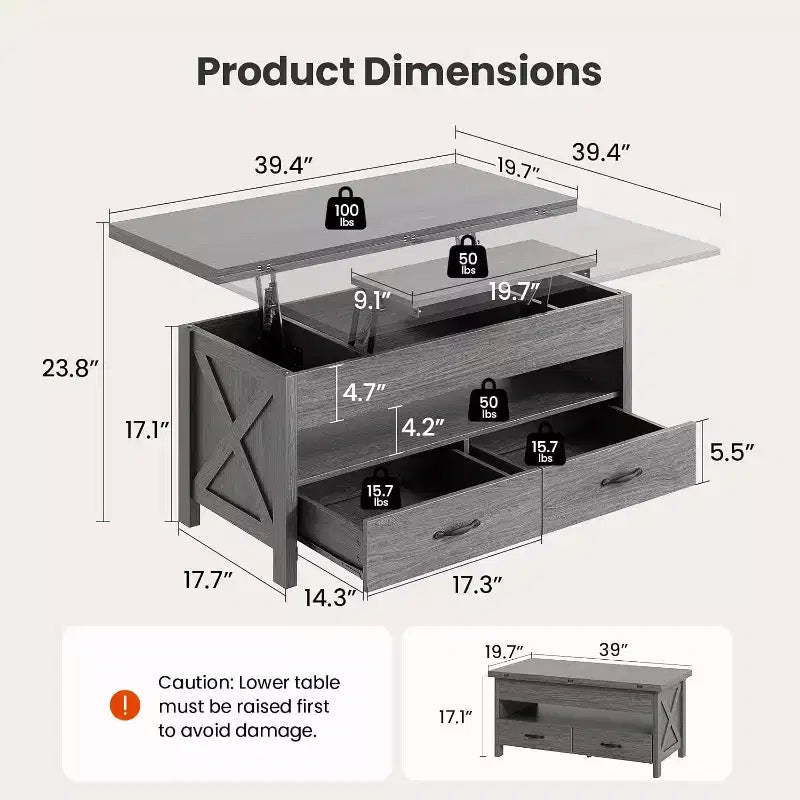 Mesa de centro elevatória com espaço de arrumação, mesa de centro de estilo rústico, mesa de centro com duas gavetas, para a sala de estar e o escritório em casa