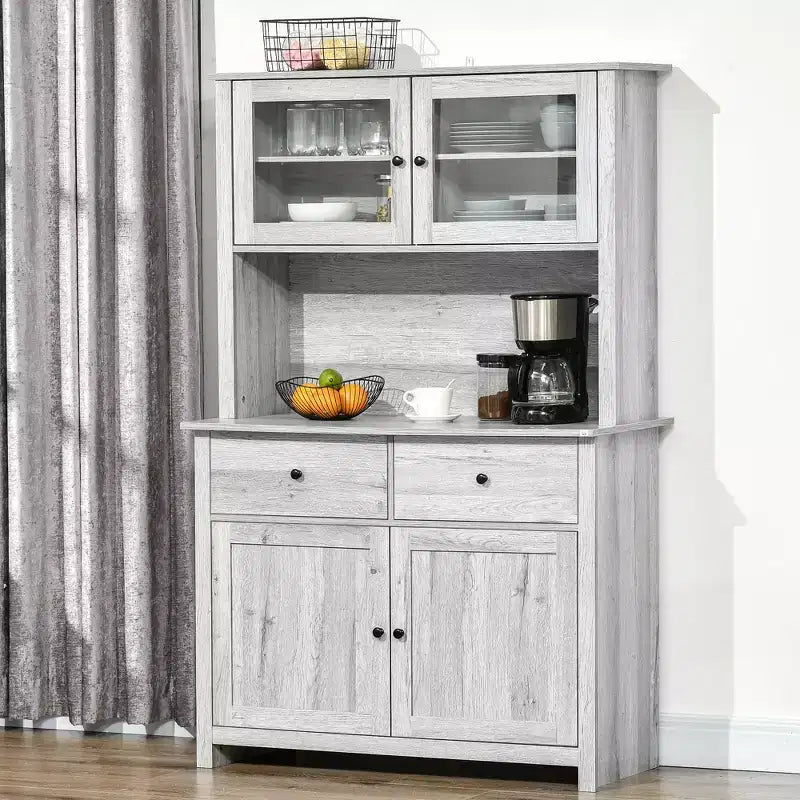 HOMCOM 63.5 Aparador de cozinha com módulo superior, armário de despensa com 4 prateleiras, gavetas, portas de vidro com moldura e bancada aberta para micro-ondas