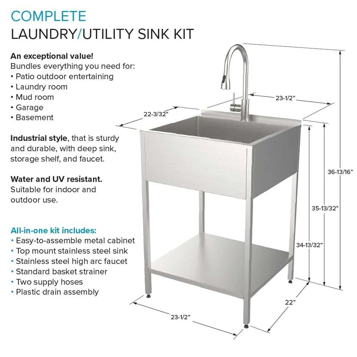 Évier de buanderie et meuble lave-linge en acier inoxydable de 24 po L x 22 po P x 35 po H