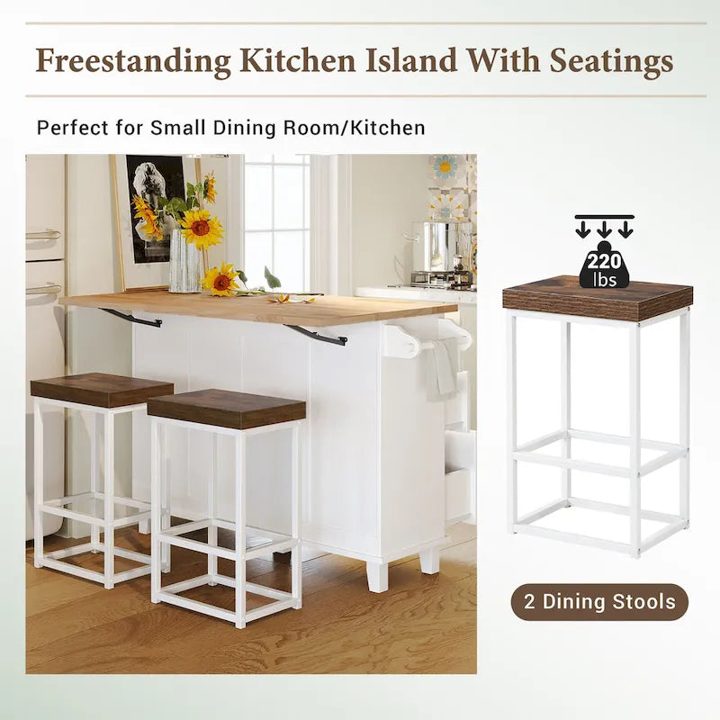 Conjunto de ilha de cozinha TOPMAX com aba rebatível e 2 lugares, conjunto de mesa de jantar com prateleira ajustável, gavetas e toalheiro