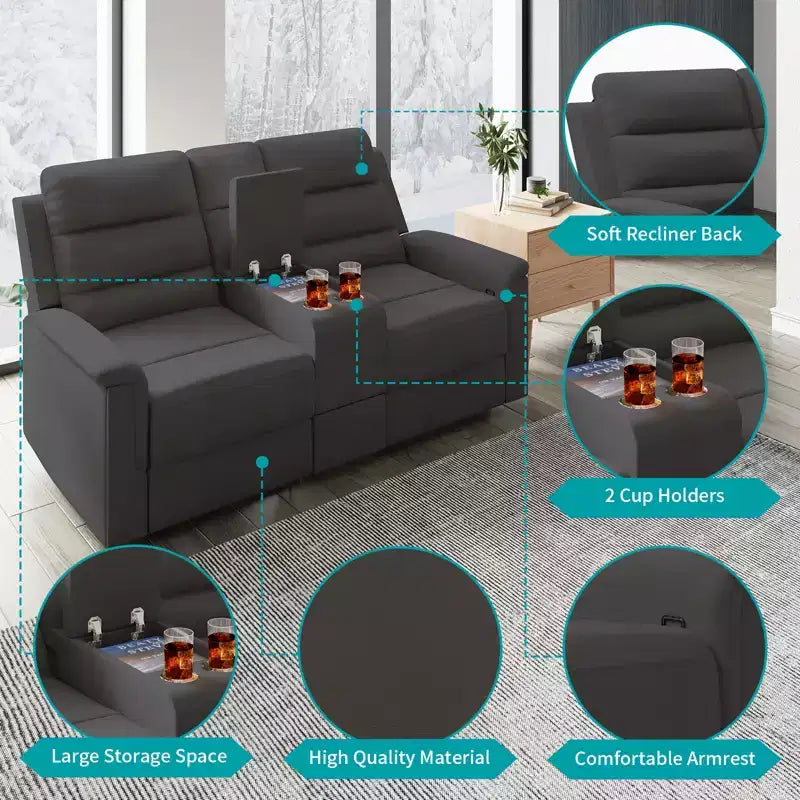Beżowo-szara rozkładana sofa dwuosobowa z tkaniny technicznej, z regulowanym oparciem i podnóżkiem