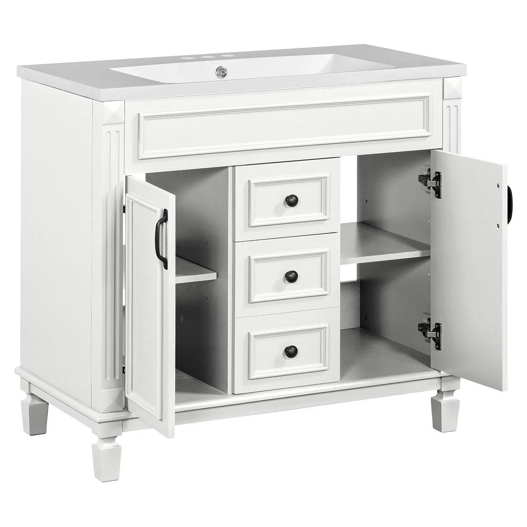 Moderne badkamermeubelset van 36 inch met wastafelblad, spiegelkast, 2 deuren en 2 laden