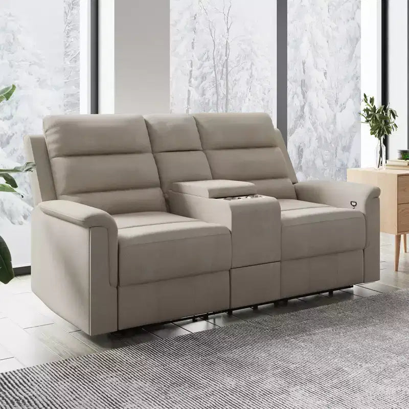 Beżowo-szara rozkładana sofa dwuosobowa z tkaniny technicznej, z regulowanym oparciem i podnóżkiem
