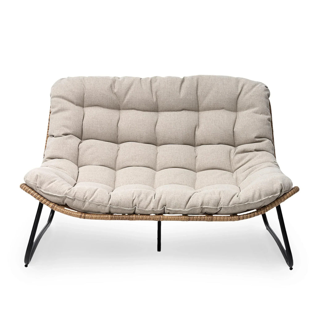 Doppelter Papasan-Sessel als Loveseat mit Kissen, wetterfestes PE-Rattan und Metallgestell für drinnen und draußen