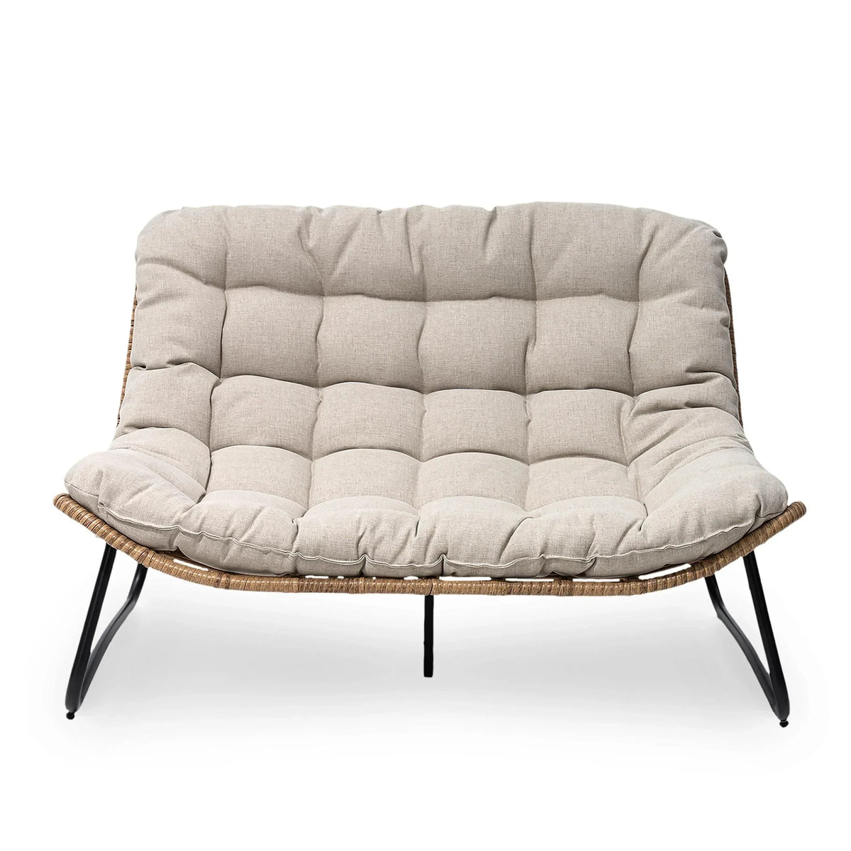 Doppelter Papasan-Sessel als Loveseat mit Kissen, wetterfestes PE-Rattan und Metallgestell für drinnen und draußen