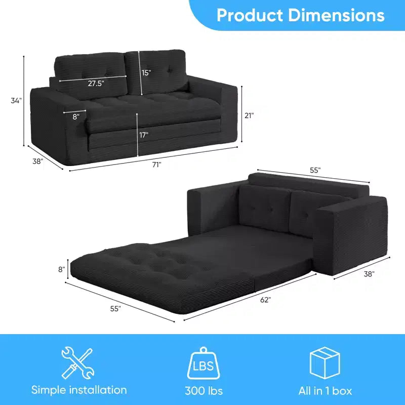 Canapé-lit futon convertible 2-en-1 Mjkone de 71 po, canapé deux places convertible pliable en tissu côtelé avec boutons capitonnés, gain de place