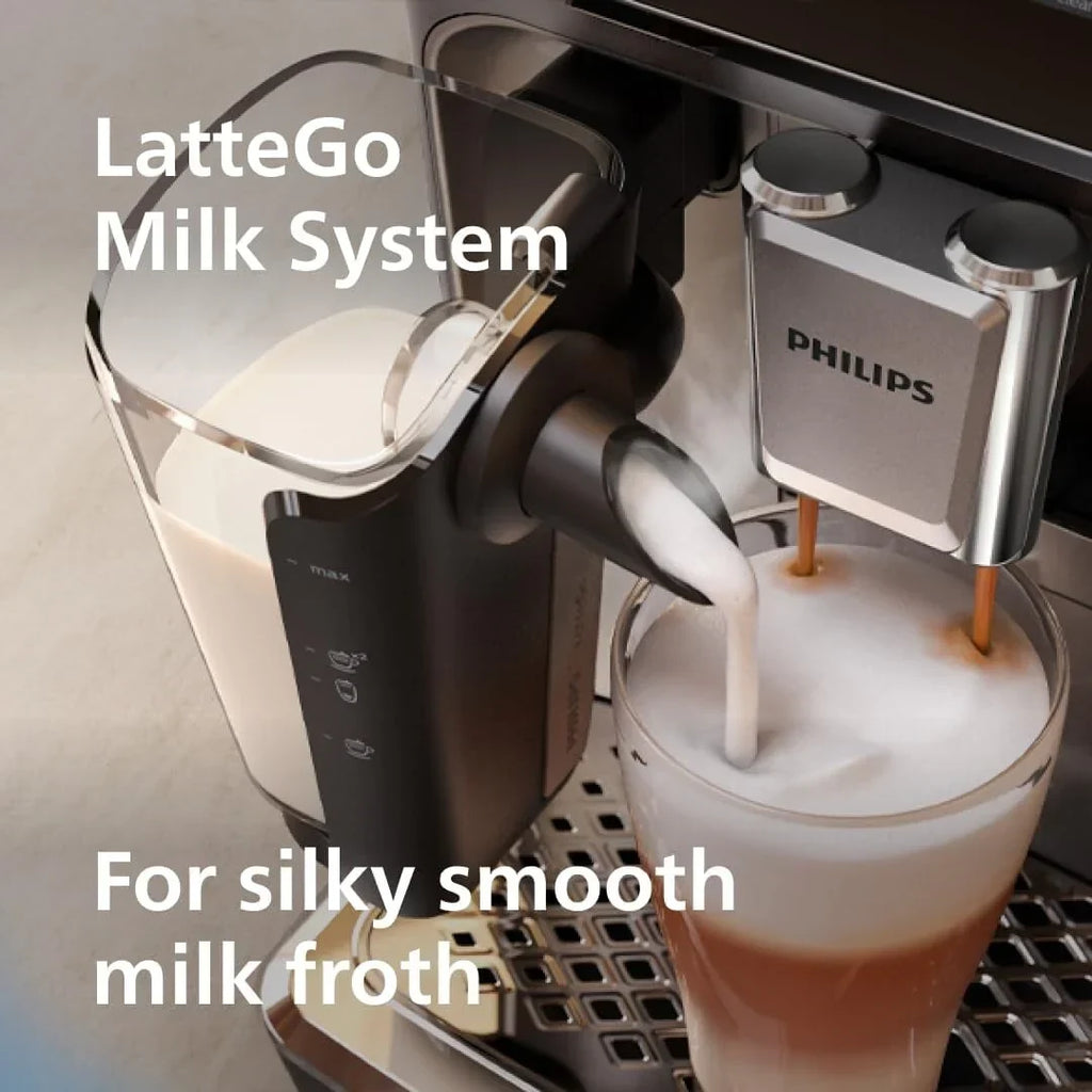 Premium-Espressomaschine, 12 heiße oder kalte Kaffeespezialitäten, LatteGo-System, Keramikmahlwerk, Schwarzchrom