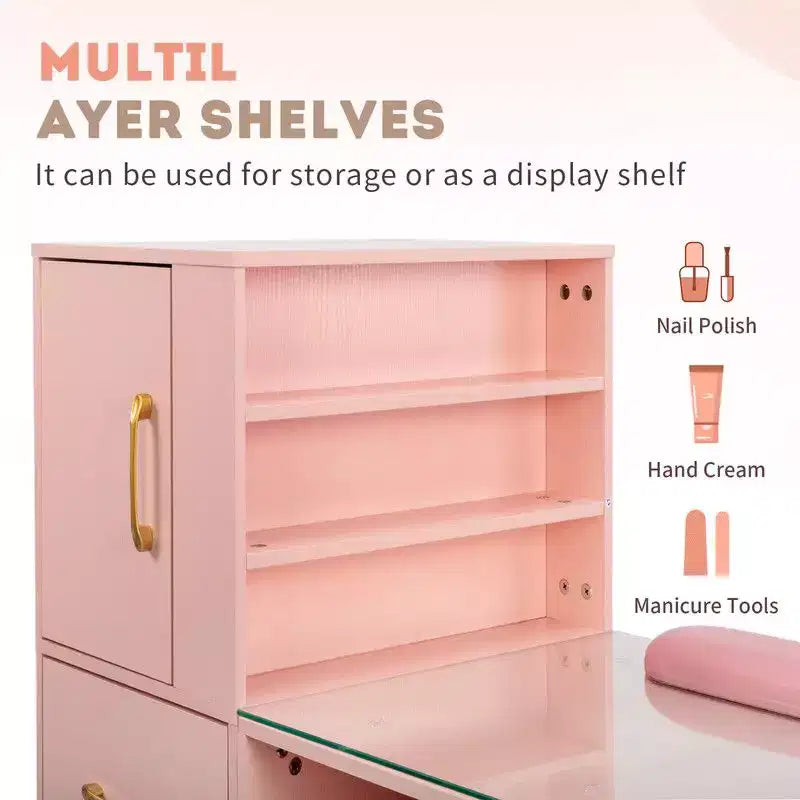 Mesa de manicure moderna preta/rosa com tampo de vidro e apoio para os pulsos, estação individual