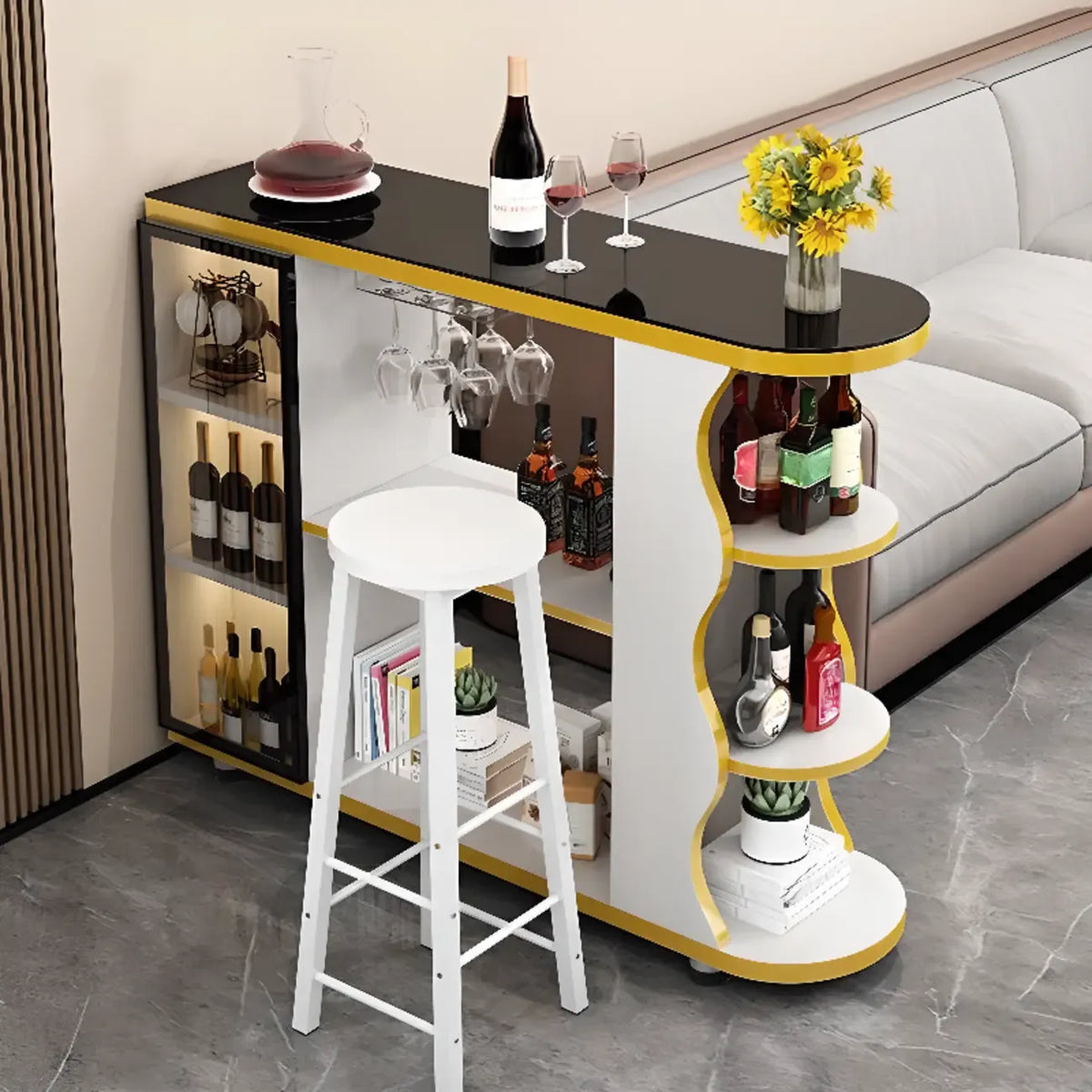Table de bar moderne de forme libre avec plateau en pierre et rangement pour bars à domicile