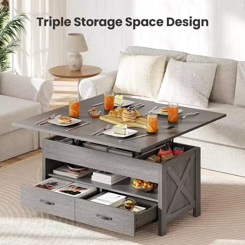 Mesa de centro elevatória com espaço de arrumação, mesa de centro de estilo rústico, mesa de centro com duas gavetas, para a sala de estar e o escritório em casa