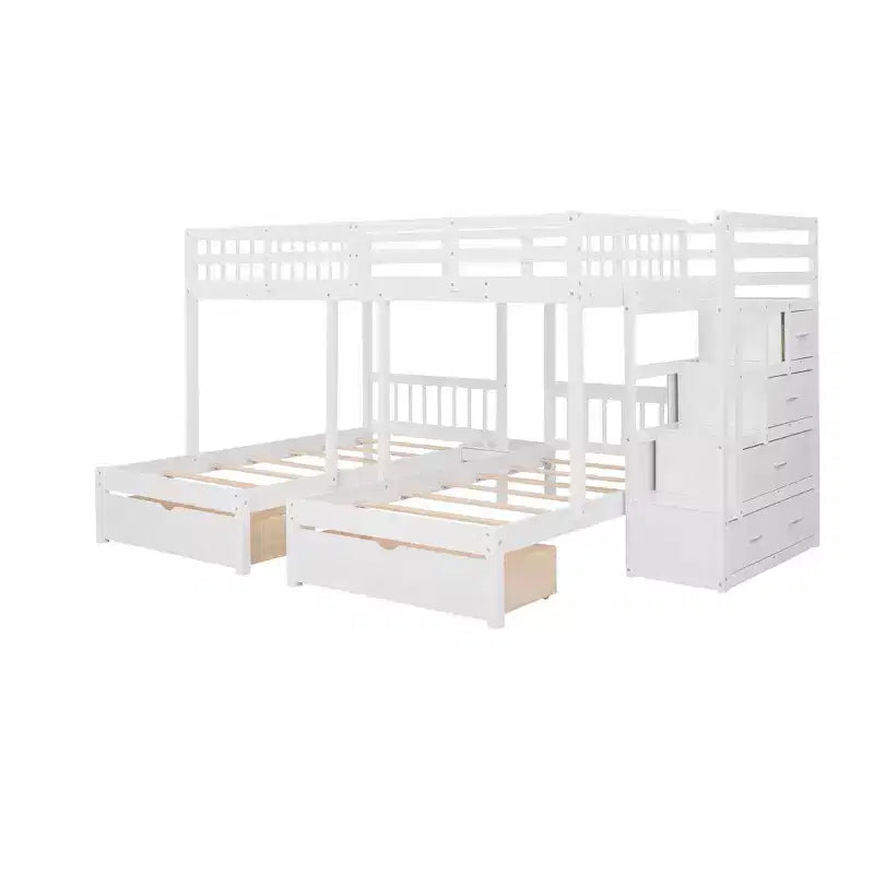 Cama em beliche Whisen Full sobre Twin & Twin, cama tripla de madeira com gavetas e guardas de proteção