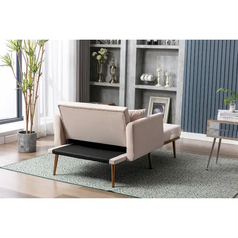 Poltrona letto in velluto imbottito e trapuntato per soggiorno, con gambe color oro rosato