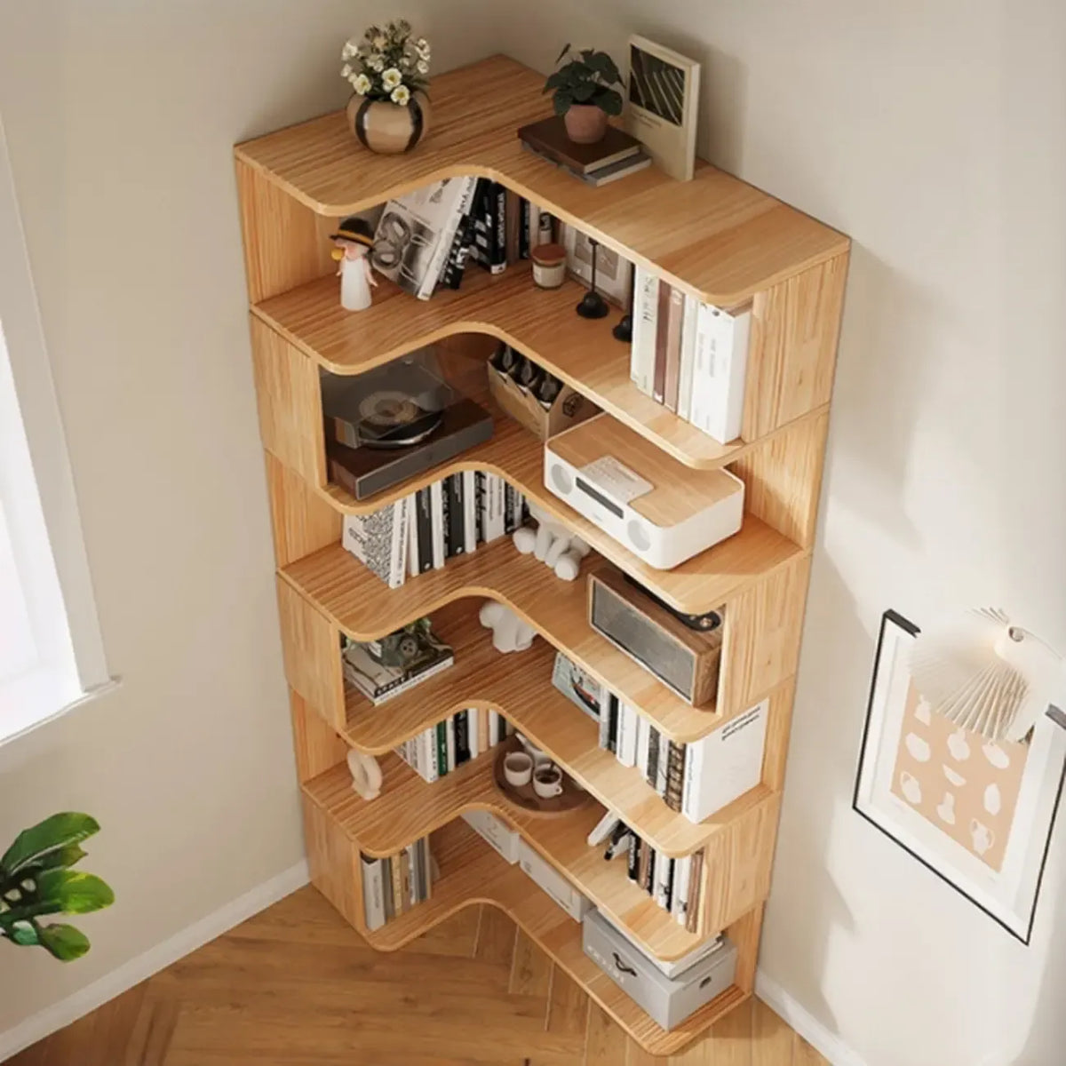 Vertikales L-förmiges Bücherregal aus Holz mit natürlicher Oberfläche und offener Rückseite