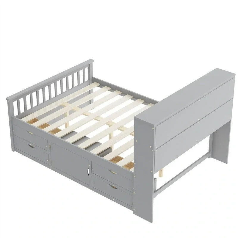 Cama de plataforma tipo capitão Twin/Full com 4 gavetas e prateleiras de arrumação, estrutura de cama em madeira maciça com cabeceira-estante para arrumação