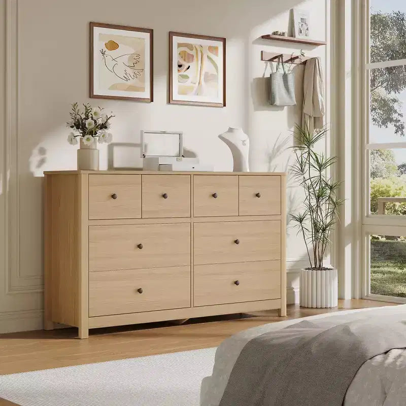 Moderne ladekast met 8 laden voor de slaapkamer, brede houten kast met diepe opbergruimte, vrijstaande organiserende kast voor de woonkamer