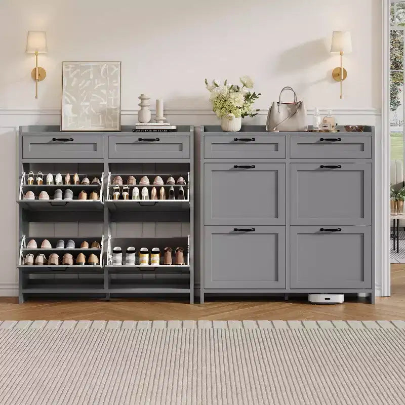Schuhschrank mit 4 Klappschubladen und 2 oberen Schubladen, hölzerner Schuhorganizer-Schrank mit verstellbarem Regal, freistehende Schuhaufbewahrungsschränke