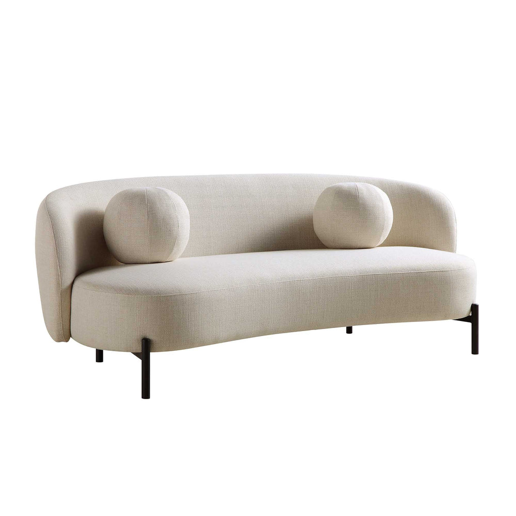 Canapé incurvé 3 places avec coussins ronds, mélange de lin beige