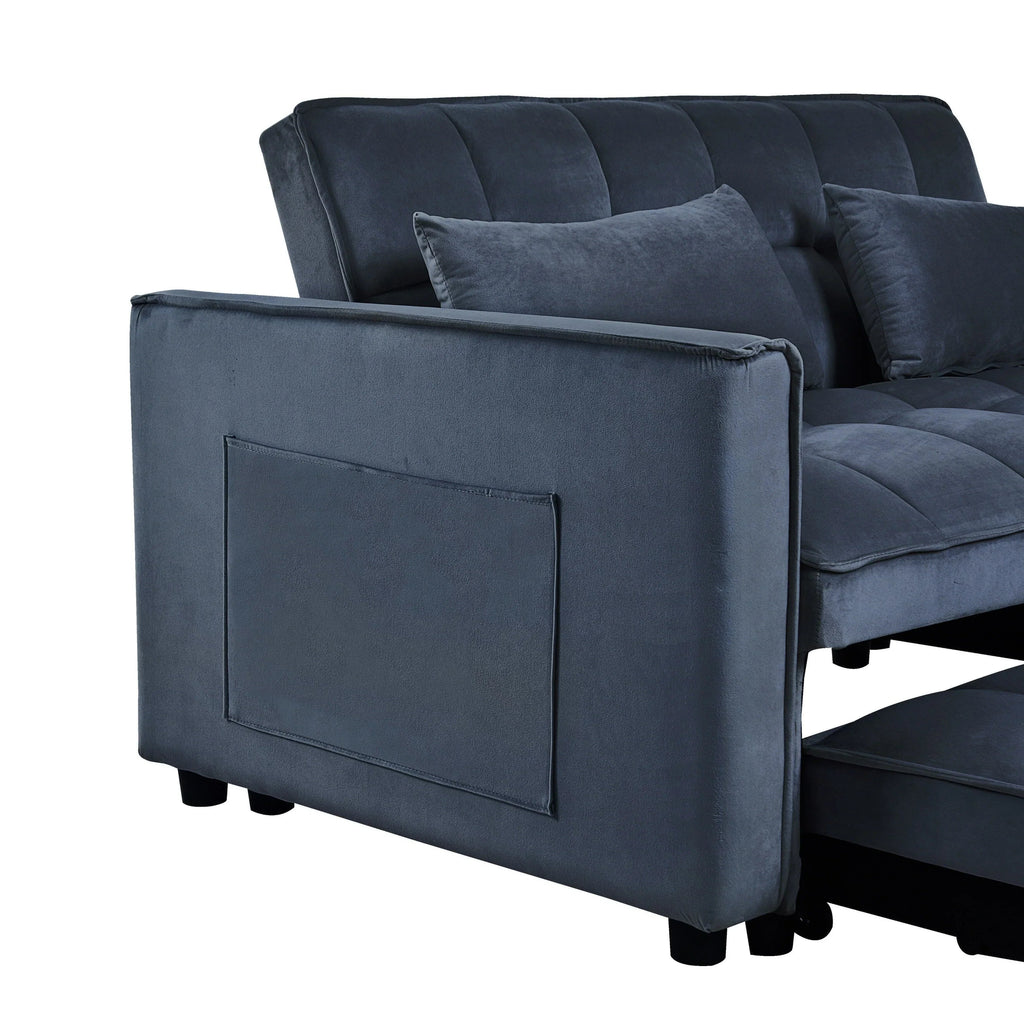 Sofá-cama moderno extensível, sofá-cama 3-em-1 com encosto ajustável, sofá de dois lugares em veludo, almofadas e bolsos laterais