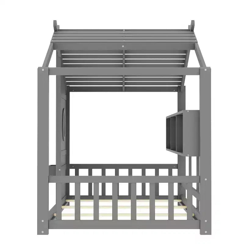 Estrutura de cama de plataforma para crianças de tamanho individual/duplo, cama de chão Montessori infantil, cama casinha de brincar com prateleira de arrumação - ModernLuxe