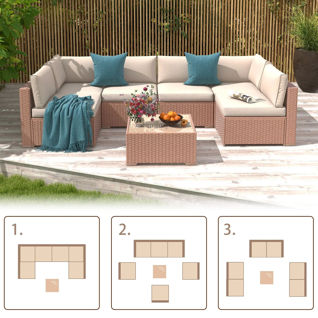 Ensemble de canapé modulaire d’extérieur rembourré en osier et acier, 7 pièces