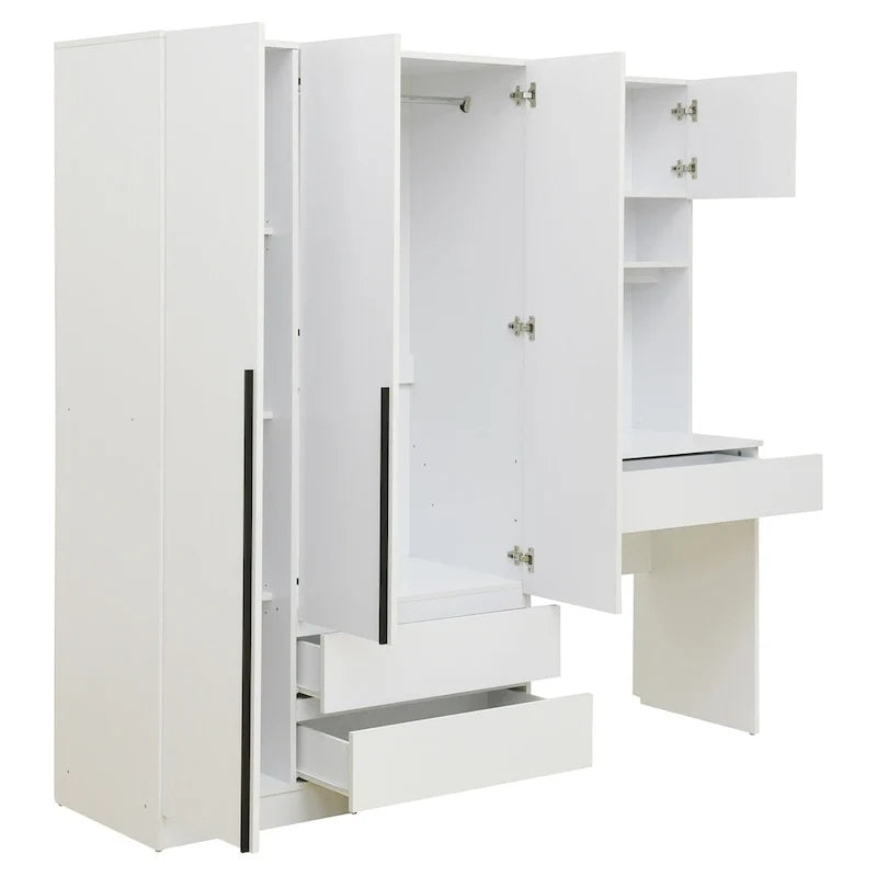 Roupeiro 3 em 1 com mesa de maquilhagem, conjunto de secretária, armário de quarto com 2 gavetas, 3 portas e espaço de arrumação