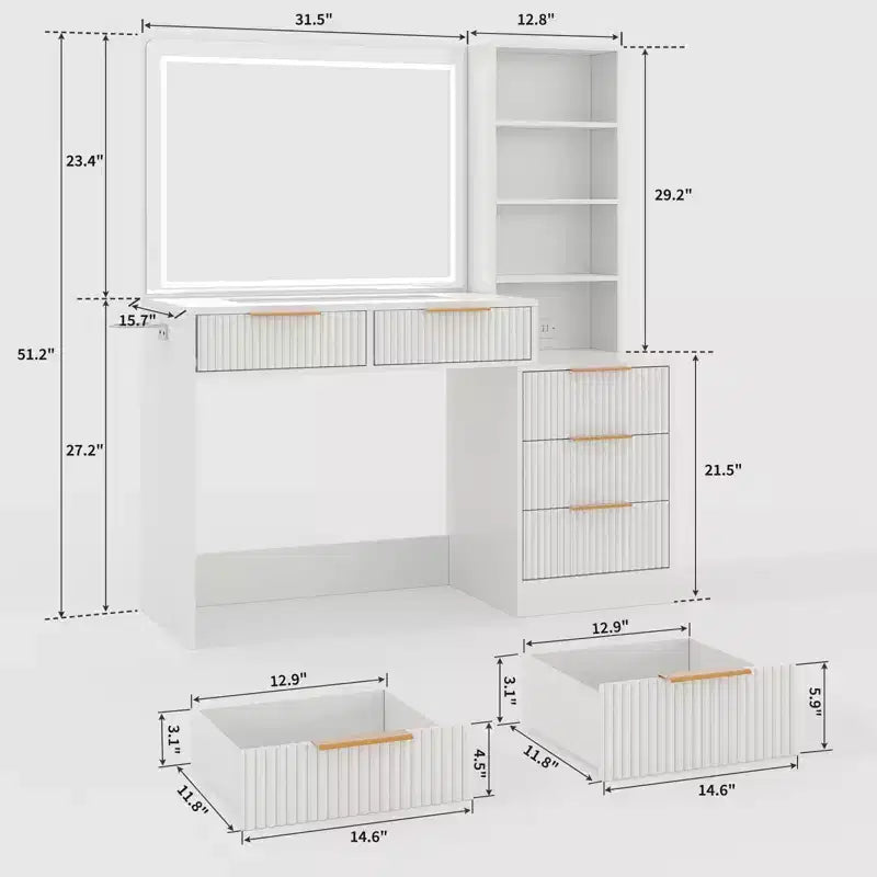 Schminktisch mit beleuchtetem Spiegel und Ladestation, dimmbares Touch-Licht mit 3 Lichtfarben, 5 Schubladen und Glasplatte, moderner Frisiertisch fürs Schlafzimmer