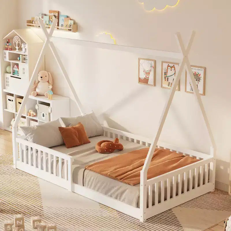 Cama de chão para crianças, camas-tenda individuais, cama de chão Montessori com ripas e grades de proteção, estrutura de cama-casa de madeira para meninos e meninas