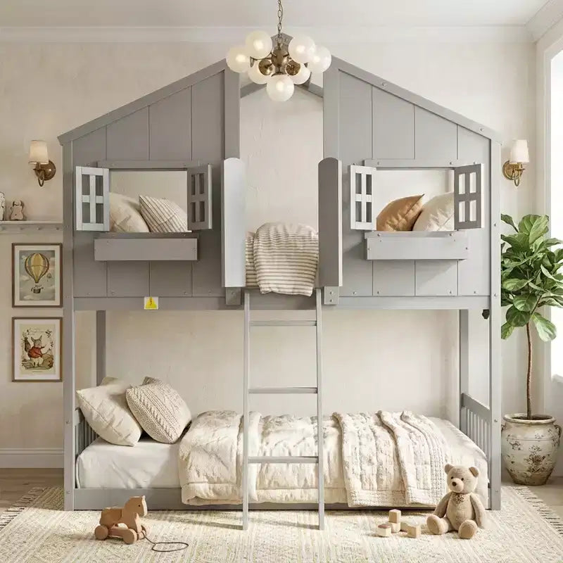 Cama alta de tamanho Twin em forma de casa, cama alta de madeira tipo casinha com escada e barreiras de proteção para crianças
