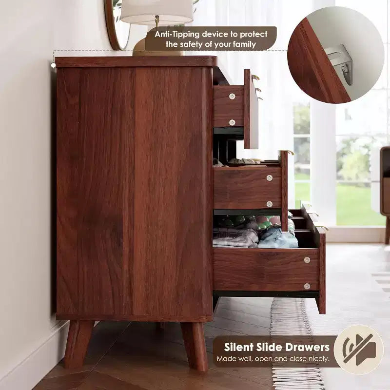 Komoda s 9 rýhovanými zásuvkami, moderní skříňka, dřevěná komoda pod TV, design se zaobleným profilem do obývacího pokoje nebo chodby